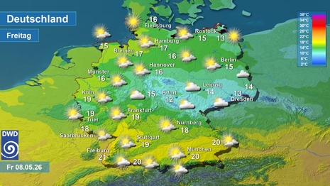 Wetter- und Temperaturkarte, am Freitag 08.05.2026.