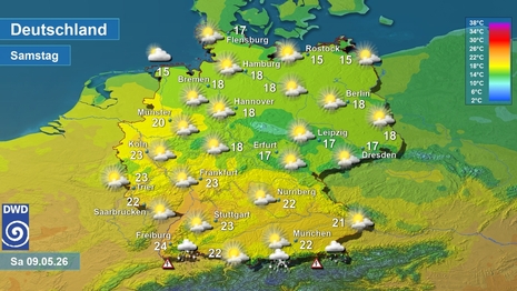 Wetter- und Temperaturkarte, am Samstag 09.05.2026.