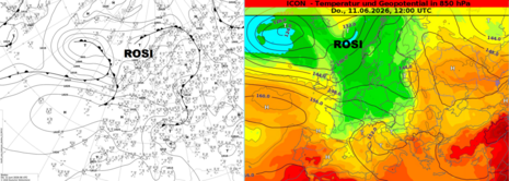 links: Karte Europa und Nordatlantik mit Frontenanalyse des DWD vom 11.06.2026 6 UTC; rechts: Vorhersage Höhenwetterkarte aus ICON für den 11.06.2026 12 UTC
