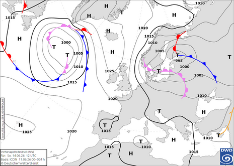 Karte Europa und Nordatlantik mit der Vorhersage von Isobaren und Fronten für Sonntag, den 14.06.2026 12 UTC