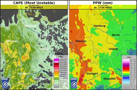 Most Unstable CAPE (links) und PPW-Werte (rechts) am morgigen Dienstagnachmittag um 17 MESZ (ICON-EU-Lauf 00 UTC +15)