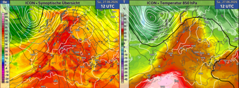 ICON-Prognose für Samstag, 27. Juni 2026. Links: Druckverteilung am Boden (weiß) und in 500 hPa (schwarz), Äquivalentpotentielle Temperatur (farbig) zur Kennzeichnung der Luftmassencharakteristik. Rechts: Temperaturverteilung in 850 hPa (farbig, etwa 1500 m Höhe).