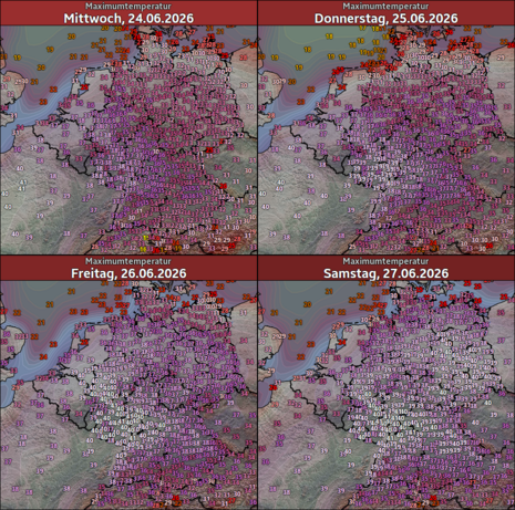 MOSMIX-Prognose der Höchsttemperaturen von Mittwoch, 24. Juni 2026 bis Samstag, 27. Juni 2026.