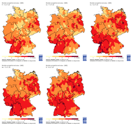Der Waldbrandgefahrenindex zeigt fast überall eine hohe Waldbrandgefahr in den nächsten Tagen.
