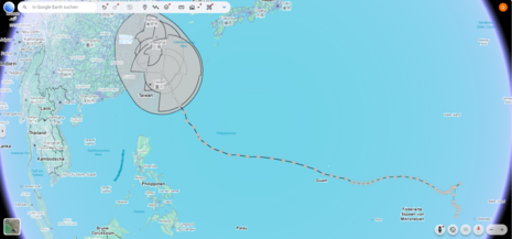 BAVI: bisherige Zugbahn von der Störung bis zum Taifun, erstellt mit Daten des JTWC in google earth (Quelle:JTWC+google earth)
