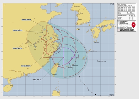 Vorhersage der weiteren Zugbahn des Taifun BAVI, Stand: 11.07.2026 9 UTC (Quelle:JTWC)