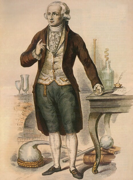 Antoine-Laurent Lavoisier, Kupferstich von Louis Jean Désiré Delaistre (1800-1871) nach einer Vorlage von Julien Léopold Boilly (1796-1874), Quelle: „Le Plutarque français“, Band 6, Paris (Langlois et Leclercq) 1847, S. 47, über Wikimedia Commons