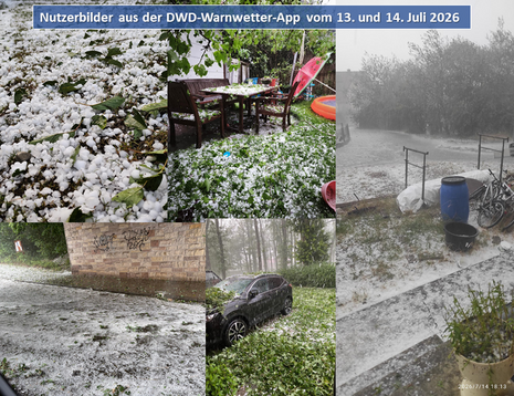 Nutzerbilder aus der DWD-WarnWetter-App vom 13. und 14. Juli 2026