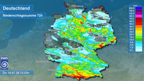 Radarbild des 72-stündigen Niederschlags von Montagmittag, den 13. Juli bis Donnerstagmittag, den 16. Juli 2026.