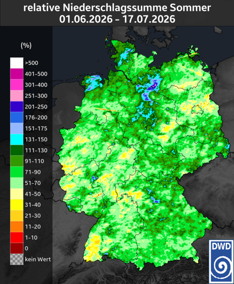 Abb. 2.: Relative Niederschlagssumme vom 01.06.2026 bis 17.07.2026 am Klimamittel für diesen Zeitraum. Quelle: Deutscher Wetterdienst