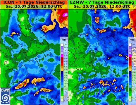 Abb. 3.: Modellprognose des Niederschlags vom 18. bis 25.07.2026. Quelle: Deutscher Wetterdienst