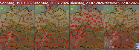 Temperaturkarten mit den Höchstwerten von Sonntag, den 19.07.2026 bis Mittwoch, den 22.07.2026