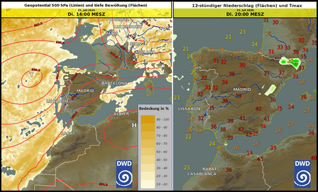 Wetterinformationen Spanien für den morgigen Dienstag; links: Geopotential 500 hPa (Linien) und tiefe Bewölkung (Flächen), rechts: Temperaturmaxima (Zahlen) und 12-stündiger Niederschlag (Flächen)
