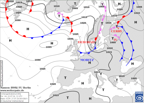Bodenanalyse mit Fronten und Luftdruck, Mittwoch den 22.07.2026 12 UTC. Quelle: Deutscher Wetterdienst
