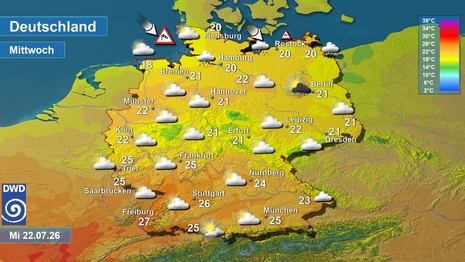 Wetter- und Temperaturkarte, am Mittwoch 22.07.2026. Quelle: Deutscher Wetterdienst