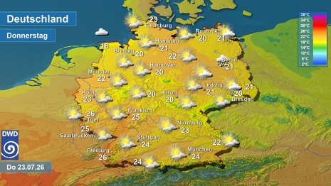 Wetter- und Temperaturkarte, am Donnerstag 23.07.2026. Quelle: Deutscher Wetterdienst