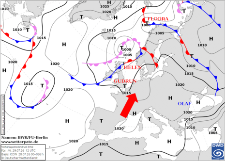 Vorhersagekarte mit den Druckgebilden und Frontensystemen für Mittwoch, den 29.07.2026 um 12 UTC. Das Hoch OLAF verlagert sich nach Osten. Damit wird der Weg frei für sehr heiße Luftmassen aus Südwesteuropa. Quelle: Deutscher Wetterdienst