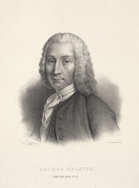 Anders Celsius, Johan Cardon (1802-1878), Lithographie von 1838, Quelle: Universitätsbibliothek Uppsala, Schweden, über Wikimedia Commons