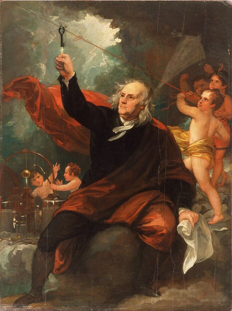 Benjamin Franklin gewinnt Elektrizität aus der Luft, Benjamin West (1738-1820), 1816, Quelle: Philadelphia Museum of Art, Philadelphia, Pennsylvania, über Wikimedia Commons