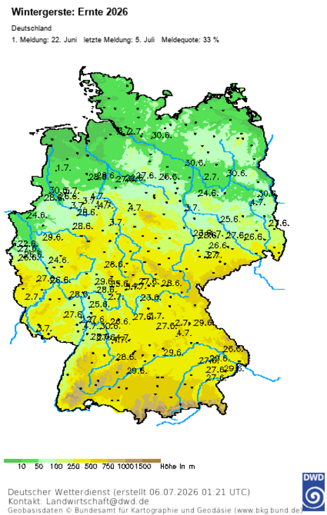 Abb. 3: Aktuelle Deutschlandkarte mit Meldungen zur Ernte von Wintergerste, Stand: 06.07.2026, 01:21 UTC