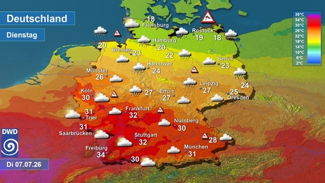 Wetter- und Temperaturkarte, am Dienstag 07.07.2026. Quelle: Deutscher Wetterdienst.