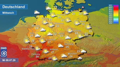 Wetter- und Temperaturkarte, am Mittwoch 08.07.2026. Quelle: Deutscher Wetterdienst.