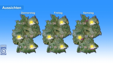 Aussichten vom Donnerstag, den 09.07.2026 bis Samstag, den 11.07.2026. Quelle: Deutscher Wetterdienst