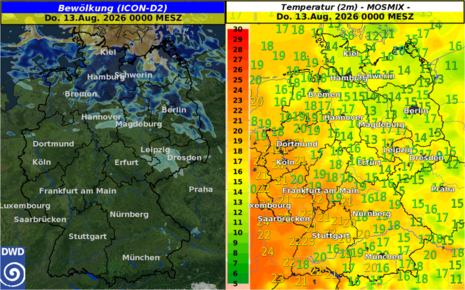 Bewölkungsverteilung über Deutschland (blau: hohe Bewölkung, ocker: mittelhohe Bewölkung, grau: tiefe Bewölkung) und Temperatur am 13.08.2026, 00 Uhr (mitteleuropäische Zeit).