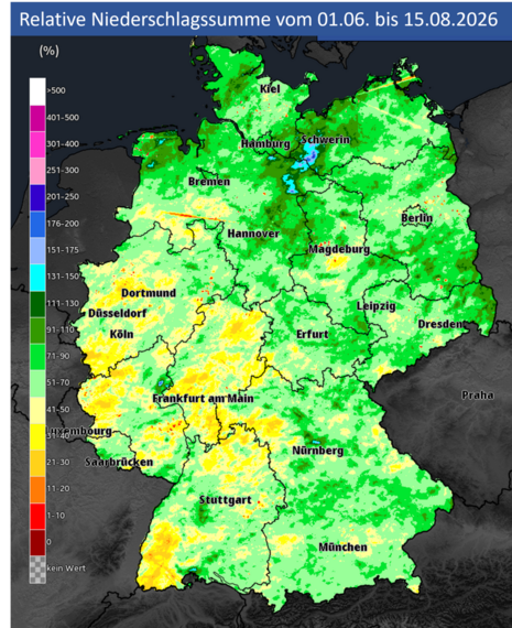 Relative Niederschlagssumme des bisherigen Sommers im Vergleich zum Klimamittel für denselben Zeitraum. (Quelle: DWD)