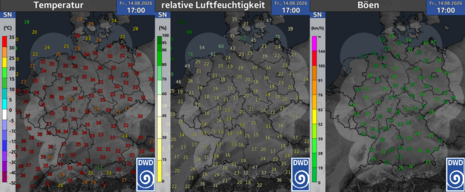 Temperatur, rel. Luftfeuchtigkeit und Windböen am 14.08.2026 um 17 Uhr MESZ. (Quelle: DWD)