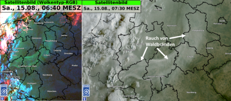 Satellitenbilder vom frühen Vormittag des 15.08.2026. Links: Wolkentyp eingefärbt mit RGB-Farben, rechts: Echtfarben-Bild. (Quelle: DWD)