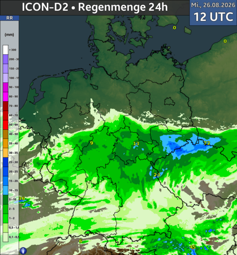 Anhand der 24h-Regensummen wird ersichtlich, dass bis Mittwochmittag vor allem über der Mitte flächig Regen fallen wird, teils mit mehr als 10 l/qm.