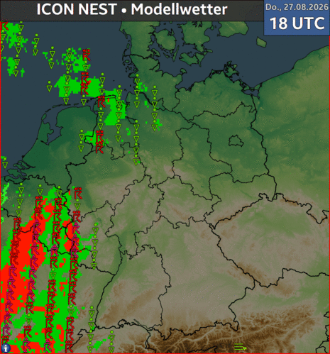 Die Animation zeigt anhand des Modellwetters deutlich, wie am Donnerstagabend (unwetterartige) Gewitter auf den Westen übergreifen sollen (rote Flächen). Am Freitag drohen dann weitere Gewitter, teils Unwetter!