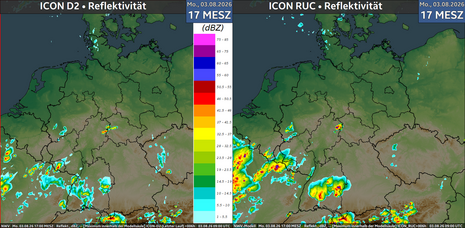 Dargestellt ist die simulierte Reflektivität von ICON-D2 und ICON-RUC für den heutigen Montag um 17 MESZ. Bislang ergeben sich wenige Unterschiede in der Prognose.