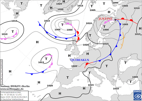 Bodendruck- und Frontenvorhersagekarte für Freitag, 07.08.2026, 12 UTC (Basis: ICON von Donnerstag, 06.08.2026, 00 UTC + 36)