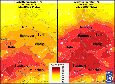Prognostizierte Höchsttemperaturen für Samstag 08.09.2026 (links) und Sonntag, 09.08.2026 (rechts); beides nach MOSMIX