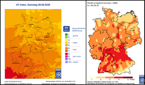 UV-Index (links) und Waldbrandgefahrenindex (rechts) für Samstag, 08.08.2026