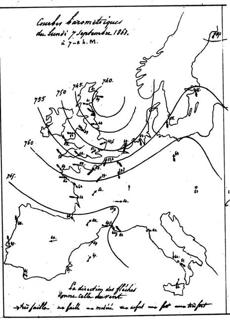 Isobarenkarte Westeuropa vom 7. September 1863, 7 bis 8 Uhr morgens, Quelle: MĂ©tĂ©o-France via Encyclopedia of the Environment ĂŒber European Meteorological Society (EMS)