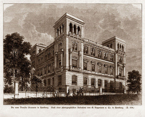 GebĂ€ude der Deutschen Seewarte in Hamburg-St. Pauli, auf dem Stintfang, 1881, Quelle: Georg Koppmann (1842-1909), ĂŒber Wikimedia Commons