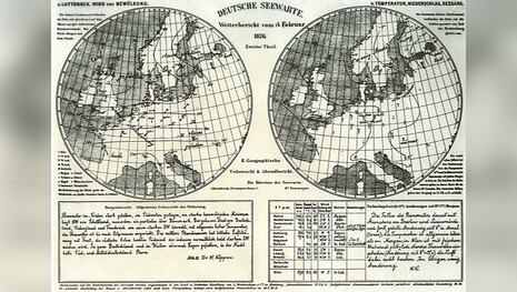 Erste tÀgliche Wetterkarte der Deutschen Seewarte vom 16. Februar 1876, Quelle: Wladimir Köppen (1846-1940), Foto der Deutschen Seewarte, UniversitÀt Hamburg
