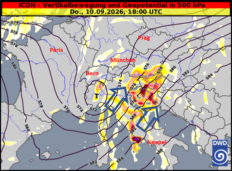 Geopotential in 500 hPa (ca. 5,5 km Höhe, Linien) sowie Vertikalbewegung (flächig) für Donnerstag, 10.09.2026, 18 UTC (20 MESZ)