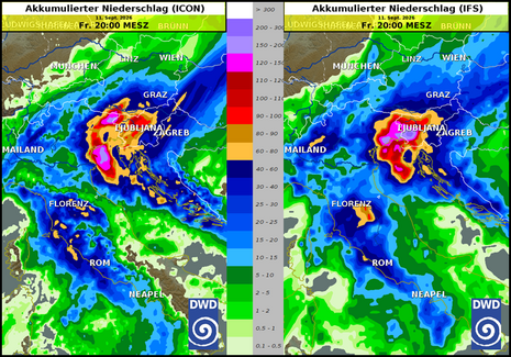 Akkumulierter Niederschlag von Donnerstag, 10.09.2026, 00 UTC (02 MESZ) bis Freitag, 11.09.2026, 18 UTC (20 MESZ); links: ICON-EU, rechts: IFS