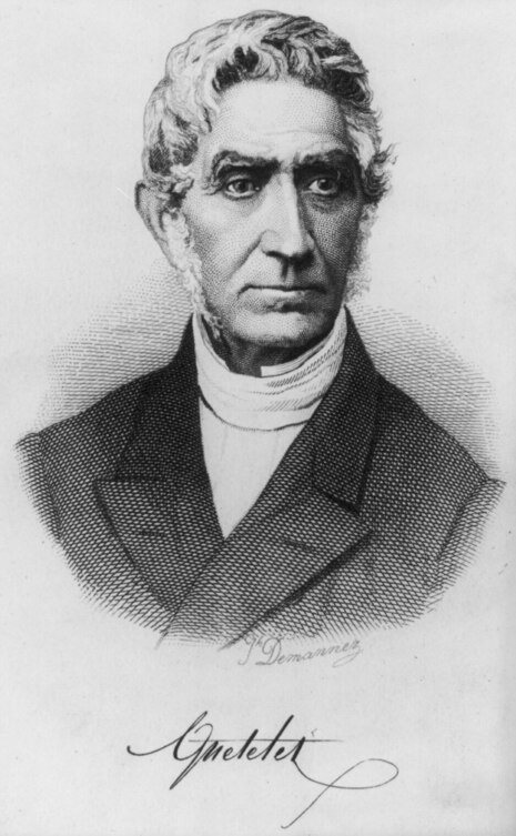 Porträt des belgischen Astronomen Adolphe Quetelet von Joseph-Arnold Demannez (1825–1902), Stahlstich. Quelle: Annuaire de l'Académie royale de Belgique, 1875, vol. 41, p. 108, Brüssel, über Wikimedia Commons