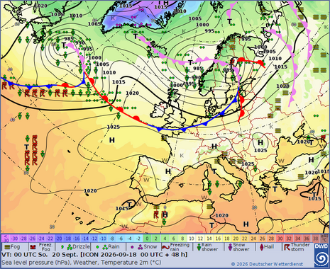 Vorhersagekarte mit den Druckgebilden, Frontensystemen und dem signifikanten Wetter für Sonntag, den 20.09.2026 00 UTC. Eine Kaltfront erreicht Deutschland.