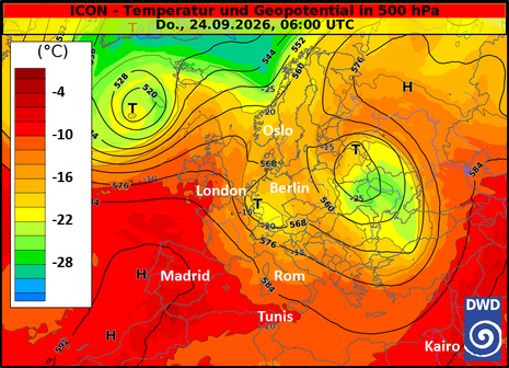 Geopotential und Temperatur in 500 hPa nach ICON für Donnerstag, 24.09.2026, 06 UTC (08 MESZ)