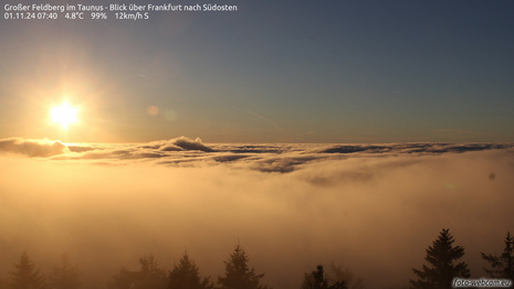 vom Großen Feldberg im Taunus auf das Nebelmeer im Rhein-Main-Gebiet bei Sonnenaufgang. Bildunterschrift (optional): Blick vom Großen Feldberg (881 m. ü.NN) im Taunus auf das Nebelmeer im Rhein-Main-Gebiet bei Sonnenaufgang. Aufgenommen am 1. November 2024 um 07:40 Uhr (MEZ).
