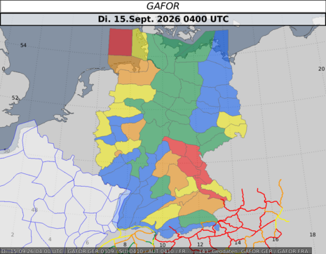 Der GAFOR für den 15.09.2026 um 06 MESZ zeigt die Gebiete mit unterschiedlichen Farbcodierungen in Abhängigkeit der jeweiligen Wetterbedingungen.