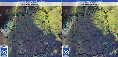 Nächtliche Minimumtemperaturen am 25.09.2026 bis 08:00 MESZ, links in 5 cm Höhe und rechts in 2 m Höhe.