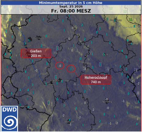 Nächtliche Minimumtemperatur in 5 cm Höhe am 25.09.2026 bis 08:00 Uhr MESZ