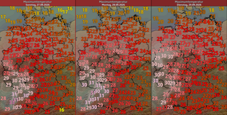 Diese Grafik zeigt die prognostizierte Tageshöchsttemperatur von Sonntag bis Dienstag, den 29.09.2026. Vor allem in den Niederungen in der Südwesthälfte werden Spitzenwerte um 30 Grad erwartet.